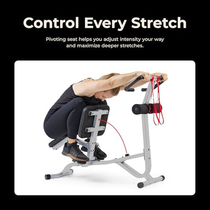 Sunny Health & Fitness Full Body Stretch Machine for Home Gym, Back Stretcher & Flexibility Trainer with Pivoting Seat, Foam Rollers, Safety Straps, Handlebar & SunnyFit App - color: Gray