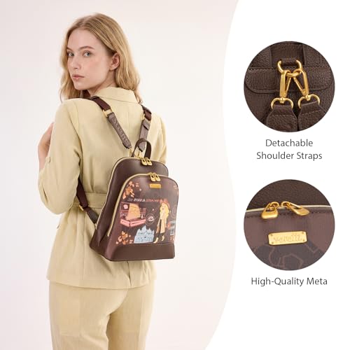 Venetti Cityscape Illustration Mini Backpack for Women and Girls, Cute Small Backpack Purse with Multi-Pocket and Zipper, Light Print Shoulder Bag Leather for Travel Daily Use VN-HB-001-BR - color: Brown