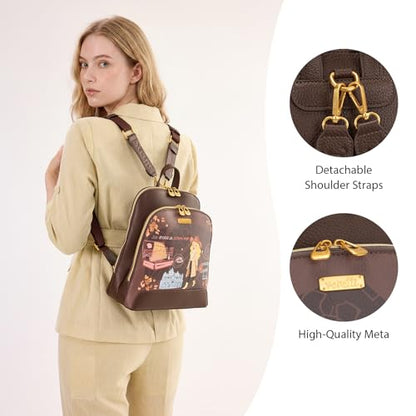 Venetti Cityscape Illustration Mini Backpack for Women and Girls, Cute Small Backpack Purse with Multi-Pocket and Zipper, Light Print Shoulder Bag Leather for Travel Daily Use VN-HB-001-BR - color: Brown