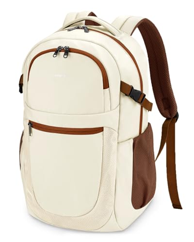 ECOHUB Travel Backpack for Women, 17.3 inch Suspended Laptop Backpack, Fashion Water-Resistant College Computer Bookbag, 28L Personal Item Bag with 12 Pockets for Causal, Work, Cream & Brown - color: Cream & Brown