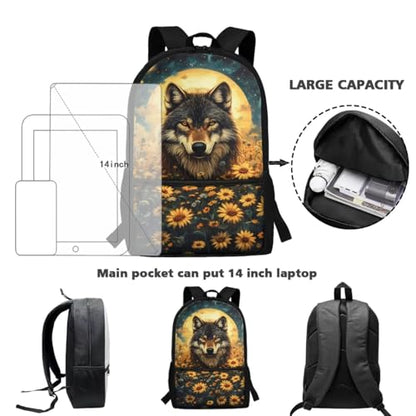 ZDCUSTOM Sunflower Wolf School Backpack with Lunch Box for Kids Boys School Bags with Pencil Case Keychain Water Bottle Holder 5PCS, Large Capacity Elementary Bookbag for 1st 2nd 3rd Grade - color: Sunflower Wolf