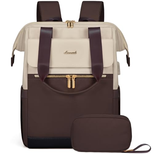 LOVEVOOK Laptop Backpack for Women, 15.6 Inch Work Laptop Bag with USB Port, Fashion Teacher Nurse Backpack Purse, Waterproof Travel Computer Backpack with Organizer Bag, 2PCS, Apricot-Coffee - color: Apricot - Coffee, size: 15.6 Inch - 2pcs
