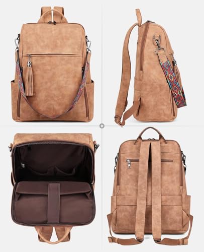 FADEON Leather Laptop Backpack for Women Designer 15.6 inch PU Laptop Bag, Ladies Travel Computer Work Backpack Brown - color: Camel Brown Suede Style