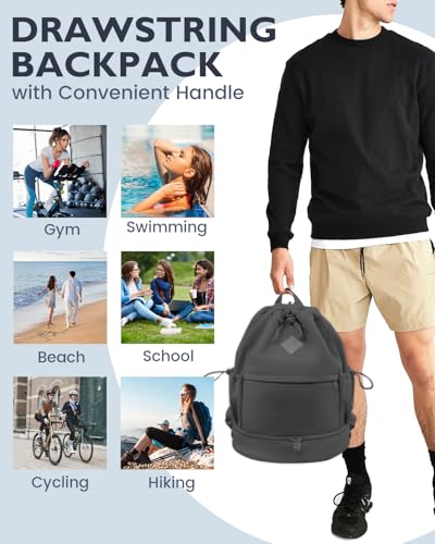 RHDZO Drawstring Backpack Sports Gym Bag with Shoe Compartment and Wet Pocket String Swim Bag for Women Men Beach Backpack, Dark Gray - color: Dark Gray