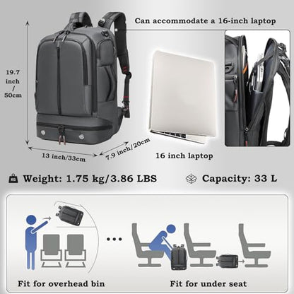 Somago 16 Inch Laptop Backpack Water Resistant Carry On Daypack Backpack Anti Theft Travel Rucksack Backpack with Shoe Compartment Shoulder Strap for Men Women, 33L (Grey) - color: Grey