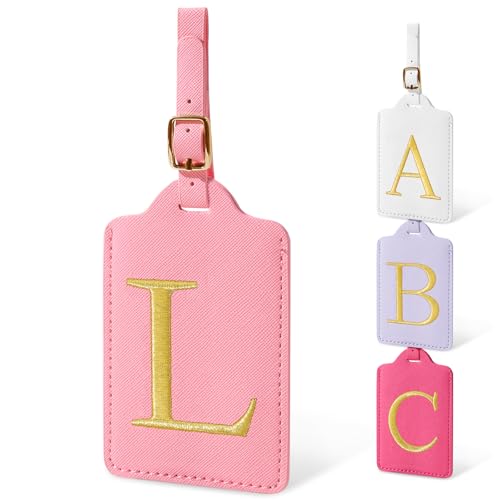 Personalized Initial Luggage Tags for Suitcases, Cute PU Leather Embroidered Letter Travel Luggage Tags, Suitcase Identifier Name Baggage Tag, Bag Tags for Men Women Kids Luggage Handbags(Pink L) - color: Pink/Golden-letter, size: L