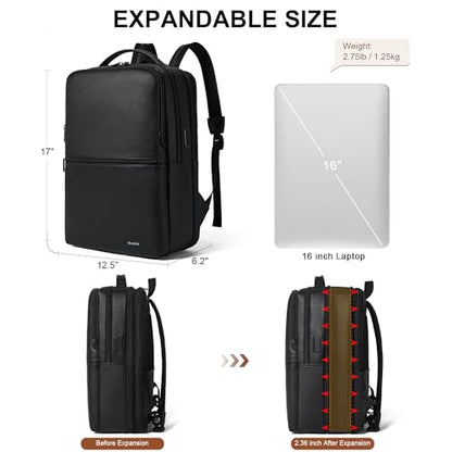 Shrrie Vegan Leather Laptop Backpack for Women&Men,16 Inch Expandable Backpack with USB Charging Port,Two-toned Black - color: Two-toned Black