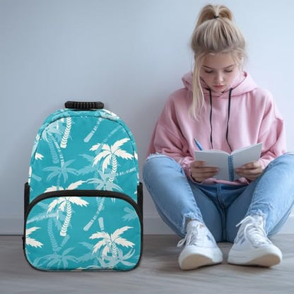 Lightweight Backpack for Teen Girls & Boys - School Bag Fit 15.6 Inch Laptop Compartment, 2 Elastic Side Pockets & Front Pockets Organizer (17.3x12.2x5.9in) Coconut Tree Print Blue - color: Coconut Tree Print Blue