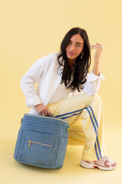 FAWN DESIGN The Original Diaper Bag, Faux Leather Diaper Bag Backpack, Vegan Leather, Large Capacity Baby Bag for Mom - color: Denim