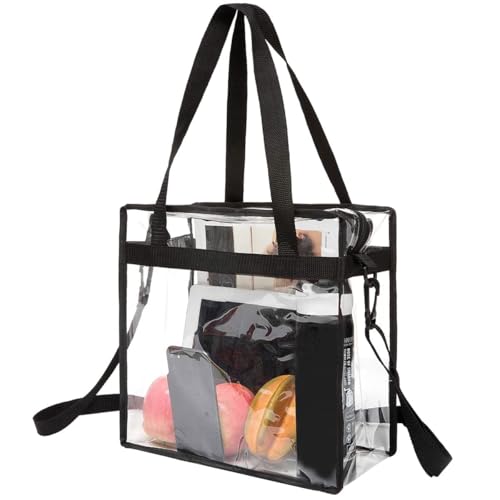 BAGAIL Clear Bags 12x6x12 Stadium Approved Clear Tote Bag with Zipper Closure Crossbody Shoulder Bag with Adjustable Strap - color: Black