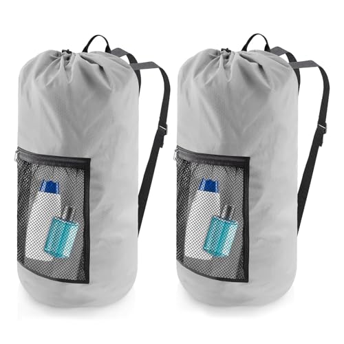 Olosar Laundry Bag Backpack, 2PCS Extra Large Travel Laundry Bag with Mesh Pocket & Adjustable Shoulder Straps,Dirty Clothes Travel Bag for College Students Dorm,Apartment(Light Gray) - color: Light Gray, size: 2Pack