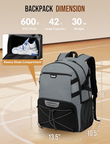 Basketball Backpack with Shoe Compartment Large Basketball Bag with Ball Holder for Men Women Gym Backpack fit Volleyball Football for Sports Travel Gym - Grey - color: Grey