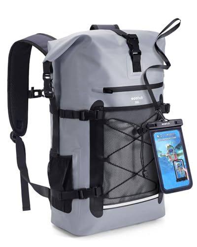 ECOHUB Waterproof Backpack for Women Men, 30L Roll-Top Closure Heavy Duty Dry Bag for Travel with IPX8 Waterproof Phone Case - color: Grey