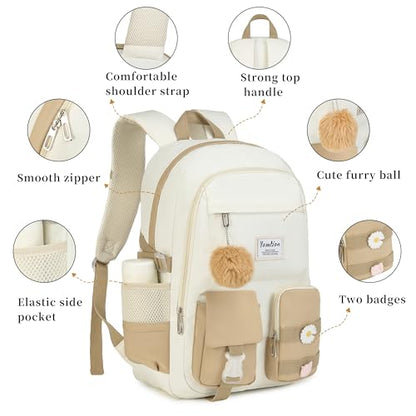 YAMTION School Backpack for Teen Girls,15.6in Laptop Backpack Kids Bookbag for Middle School College Students,Cute School Bag for Women (Khakibeige, Fits 15.6in Pc) - color: Khakibeige
