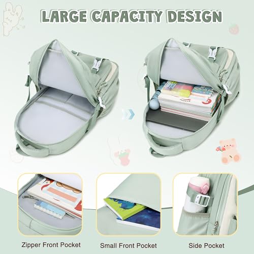 DIGOBAY 3PCS Girls Backpack for School, Green Large Kids Backpack for Girls with Lunch Box Pencil Case Set for Teen Girl Elementary Primary Middle High College School Bookbag with Cute Pins - color: Green