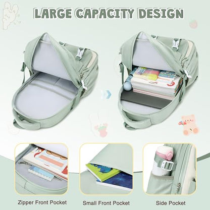 DIGOBAY 3PCS Girls Backpack for School, Green Large Kids Backpack for Girls with Lunch Box Pencil Case Set for Teen Girl Elementary Primary Middle High College School Bookbag with Cute Pins - color: Green