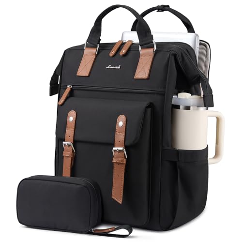 LOVEVOOK Laptop Backpack for Women with Giant Tumbler Holder Pocket,17.3 inch Waterproof Travel Backpack Purse Computer Laptop Bag - color: Black-brown, size: 17.3 Inch D-Cup
