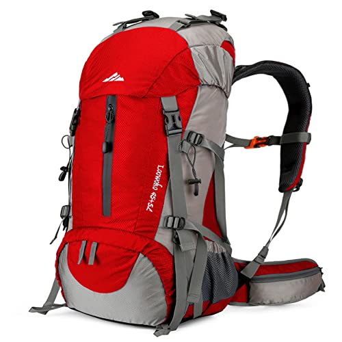 Loowoko 50L Hiking Backpack, Waterproof Camping Essentials Bag with Rain Cover, 45+5 Liter Lightweight Backpacking Back Pack - color: Red