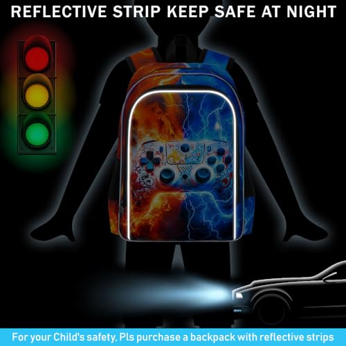 AGSDON 3PCS Game Console Backpack for Boys, 17" Kids Bookbag with Lunch Box for Boy, Flame Thunder Backpacks Water Resistant and Lightweight for Teen - color: Game