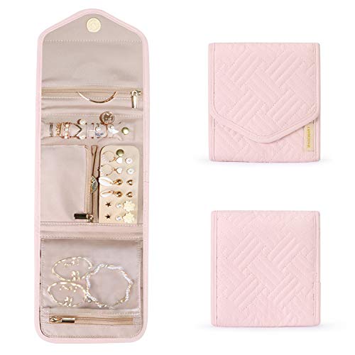 BAGSMART Travel Jewelry Organizer Case Foldable Jewelry Roll for Journey Rings, Necklaces, Earrings, Bracelets,Mini,Light Pink - color: Light Pink, size: Small