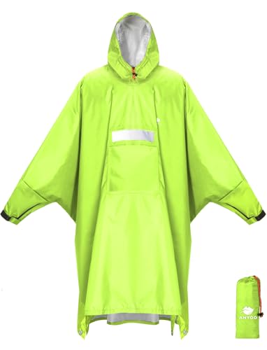 ANYOO Hooded Rain Poncho for Adults Waterproof Lightweight Rain Coat for Men Women Reusable Rain Jacket for Emergency Outdoor - color: Z-green Yellow(with Zipper)