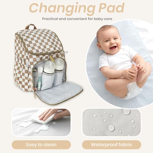 FHELAD Checkered Diaper Bag Backpack with Changing Pad & Stroller Clips, Large Travel Baby Diaper Bag for Newborn Moms, Baby Shower Gifts (Light Brown) - color: Light Brown