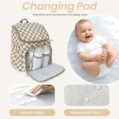 FHELAD Checkered Diaper Bag Backpack with Changing Pad & Stroller Clips, Large Travel Baby Diaper Bag for Newborn Moms, Baby Shower Gifts (Light Brown) - color: Light Brown