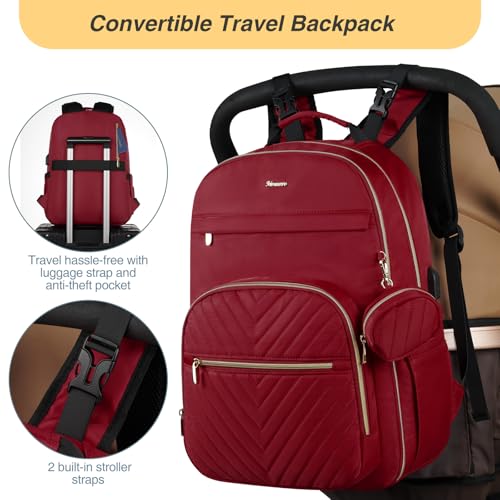 MOMUVO Diaper Backpack for Women Large Capacity with Insulated Pockets Diaper Bags For Baby,Burgundy - color: Burgundy