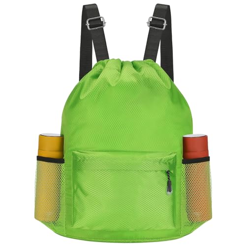Waterproof Drawstring Bag, Lightweight String Backpack with Water Bottle Holder and Pockets, Gym Sports Cinch Sackpack (Green) - color: Green