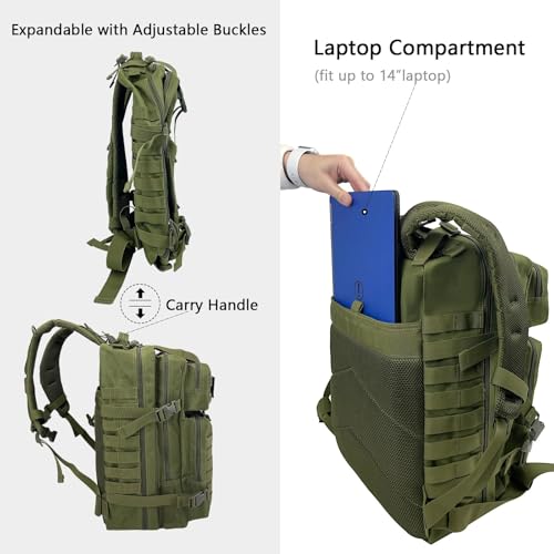 WOLT Military Tactical Backpack for Men 45L Molle Backpack 3 Day Assault Pack Bug Out Bag, Heavy Duty Rucksack for Hiking Gym(Army Green) - color: Green