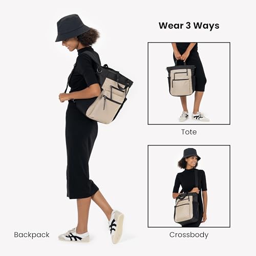 Sherpani Soleil, Anti Theft Convertible Backpack, 3 in 1 Tote, Crossbody Purse, 18L Travel Bag, Fits 13” Laptop (Straw Signature) - color: Straw - Signature
