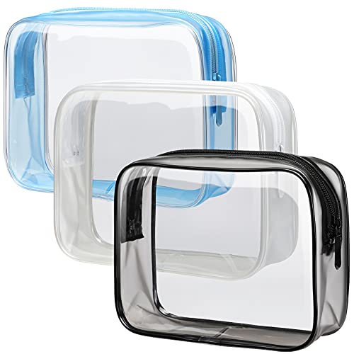 PACKISM Clear Toiletry Bag - 3 Pack TSA Approved Toiletry Bag Quart Size Bag, Travel Makeup Cosmetic Bag for Women Men, Carry on Airport Airline Compliant Bag, Black-Blue-White - color: Y- White Black Blue, size: Medium Set (Standard)
