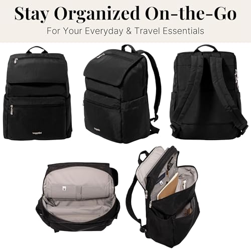 Baggallini Flap Laptop Backpack - 15"x11" Lightweight Work Travel Bag w/Luggage Sleeve & RFID - color: Black