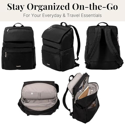 Baggallini Flap Laptop Backpack - 15"x11" Lightweight Work Travel Bag w/Luggage Sleeve & RFID - color: Black