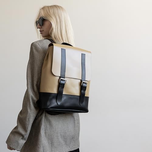 Leather Backpack - Spacious Minimalist Daypack with Adjustable Shoulder Straps and Flap Buckle Closure - Durable Everyday Work Carry 15x11.8x3.9 Cappuccino Black - color: Cappuccino Black