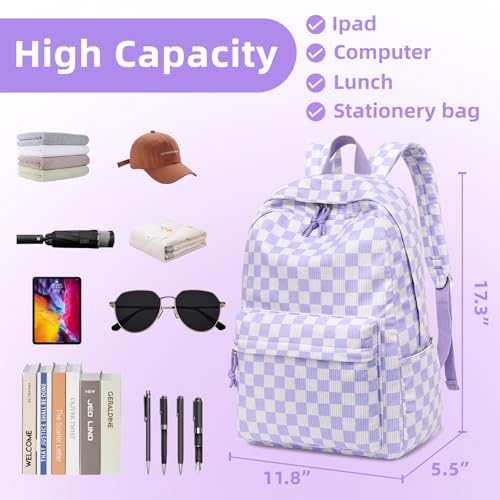 LEDAOU School Backpack for Teen Girls Elementary Middle School Bookbag Kids Backpacks Women Laptop Backpack Travel Daypack - color: Purple Checkered