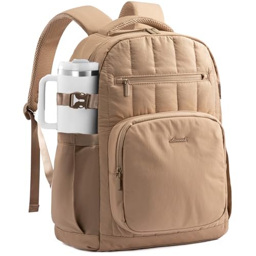 LOVEVOOK Laptop Backpack for Women with Giant Tumbler Holder Pocket,15.6 Inch Puffer Travel College Work Backpack Purse for Teacher Nurse,Waterproof Laptop Bag Computer Back Pack Casual Daypack,Khaki - color: Khaki, size: 15.6 Inch