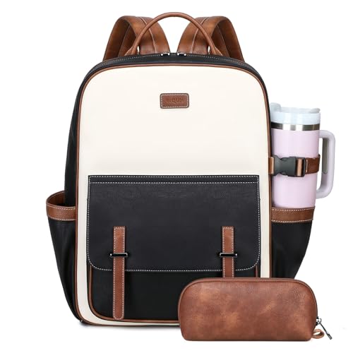 Vegan Leather Laptop Backpack for Women Designer 15.6 Inch PU Laptop Bag, Ladies Travel Computer Work Backpack - color: Beige Black Brown