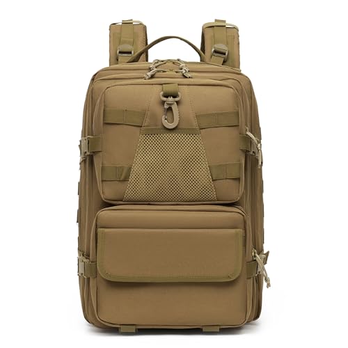 aiGear 50L Tactical Backpack, MOLLE Hiking Rucksack, Khaki | Large 50L water-resistant pack with MOLLE webbing, laptop sleeve, organizers and padded straps for hiking and travel. - color: Khaki, size: 50L