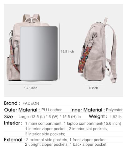 FADEON Laptop Backpack Purse for Women Large Designer PU Leather Laptop Bag, Ladies Computer Shoulder Bags - color: Dark Gray Retro Style