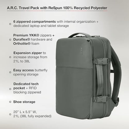 Incase A.R.C. Travel Backpack 38L – Expandable Carry On Luggage, Fits up to 17" Laptop – Butterfly Opening, Quick Access Pocket, Shoe Storage – Airplane Travel Essentials, Weekend Bag – Smoked Ivy - color: Smoked Ivy