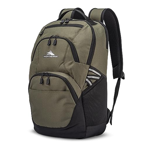 High Sierra Swoop Backpack, Lightweight Bookbag, Large Main Compartment + External Accessory Pockets, Separate Laptop Pocket, Dual Water Bottle Pockets, Fits most 17” Laptops, 30L Capacity, Olive - color: Olive