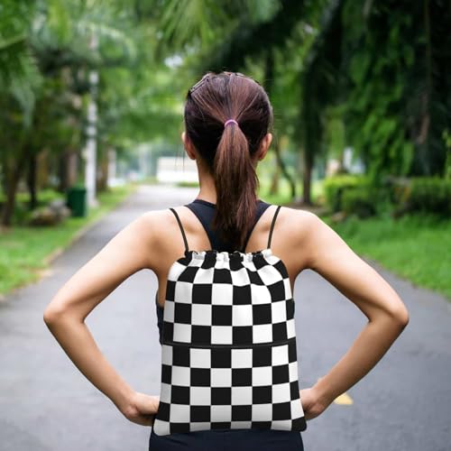 Checkerboard Drawstring Bags, Outdoor Sports Black White Race Cinch String Bag, Waterproof Gym Drawstring Backpack, Men Women Large Capacity Cinch Sackpack with Zippered Pocket - color: Checkerboard