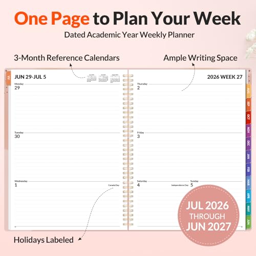 SUNEE Academic Planner 2026-2027 – Weekly & Monthly Planner, July 2026 to June 2027, 8.5"x11", Thick Paper, Tabs, Pockets, Bookmark, Spiral-Bound, Student Teacher Organizer, Blushing Abstract Breeze - color: Pink Breeze