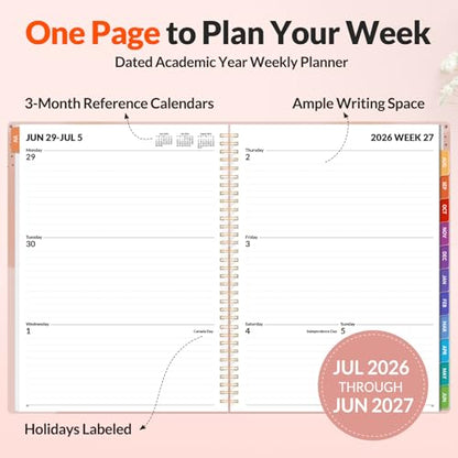SUNEE Academic Planner 2026-2027 – Weekly & Monthly Planner, July 2026 to June 2027, 8.5"x11", Thick Paper, Tabs, Pockets, Bookmark, Spiral-Bound, Student Teacher Organizer, Blushing Abstract Breeze - color: Pink Breeze