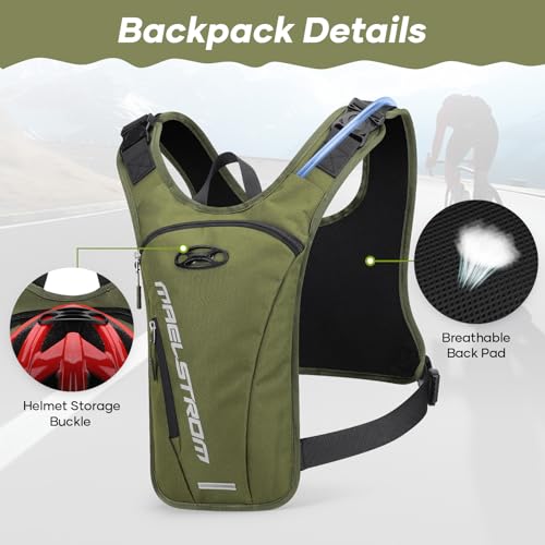 Maelstrom Hydration Vest with 2L Water Bladder Backpack for Running Hiking | Chest Pack, BPA-free, High Flow Bite, Reflective Stripe, Helmet Buckle, Detachable, Breathable Pad, for Cycling, Marathon - color: Army Green
