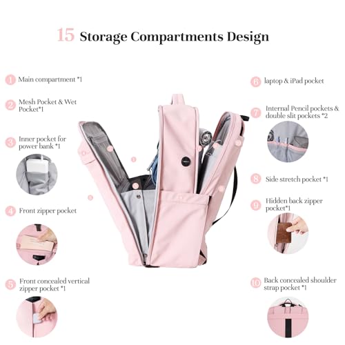 Timeet Travel Backpack for Women Men, 32L 4 In 1 Carry on Luggage Backpack, TSA Friendly Flight Approved 17 Inch Laptop Backpack, Waterproof Travel Bag for Work School Camping Hiking, Dusty Pink - color: Dusty Pink