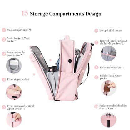 Timeet Travel Backpack for Women Men, 32L 4 In 1 Carry on Luggage Backpack, TSA Friendly Flight Approved 17 Inch Laptop Backpack, Waterproof Travel Bag for Work School Camping Hiking, Dusty Pink - color: Dusty Pink