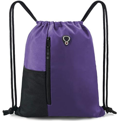 BeeGreen Dark Purple Drawstring Backpack Gym Bag For Men & Women – Sports Sackpack with Mesh Water Bottle Holder & 2 Zippered Pockets – Large 16x20 Inch Cinch String Backpack - color: Dark Purple, style: Drawstring With Mesh Pocket