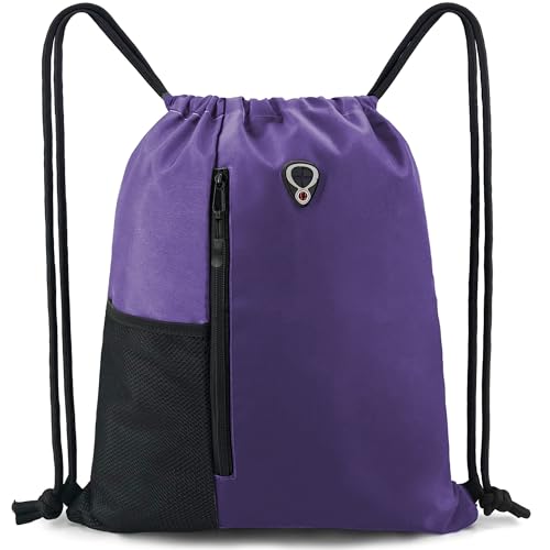 BeeGreen Dark Purple Drawstring Backpack Gym Bag For Men & Women – Sports Sackpack with Mesh Water Bottle Holder & 2 Zippered Pockets – Large 16x20 Inch Cinch String Backpack - color: Dark Purple, style: Drawstring With Mesh Pocket